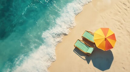 Naklejka premium A Tranquil Beach with Vacant Chairs, a Colorful Umbrella, and Gentle Waves for a Perfect Summer Retreat