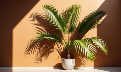 Obraz premium Minimalist palm plant casting shadows against terracotta wall in sunlit modern interior