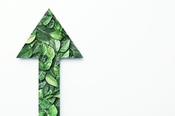 An upward arrow made of vibrant green leaves symbolizes growth and sustainability.