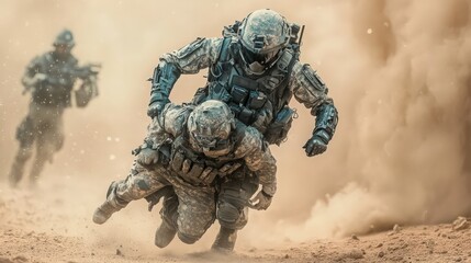 Soldiers in desert combat carrying wounded comrade amid sandstorm during war time