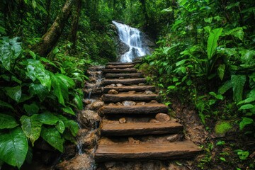 A dense jungle trail leading to a secluded waterfall pool, the trail surrounded by thick vegetation and the sounds of nature