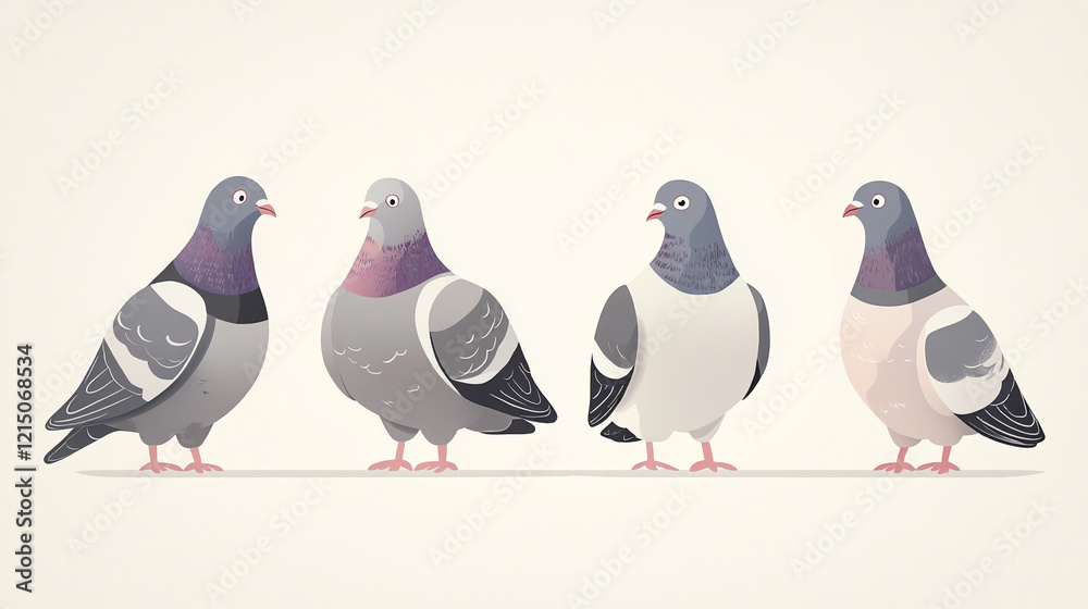 Poster illustration of four pigeons standing in a minimalist style with a light background
