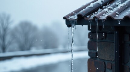 Melting snow on a roof forming icicles that drip onto a brick wall during a winter's day