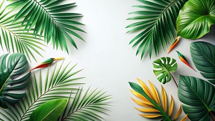 Luxurious Tropical Leaves Artistic White Background Stock Photo - Elegant Green Line Design