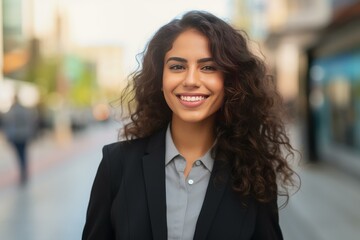 Young businesswoman smiling while walking on a city street during the day