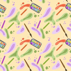 Seamless pattern with artistic tools: watercolor palette, brushes, and pencils. A vibrant and playful design perfect for art-related themes, creative projects, and educational 