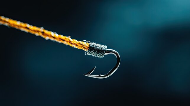 Close-up Fishing Hook with Detailed Line Knot