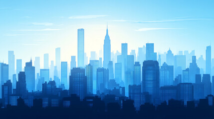 Modern city skyscraper architecture with urban buildings in a business district bright blue sky and reflective office windows minimalistic aesthetic with a blurred empty space for text or caption

