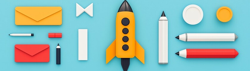 Colorful stationery items with a rocket design for creative inspiration and brainstorming.