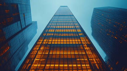 Modern city skyscraper architecture with urban buildings in a business district bright blue sky and reflective office windows minimalistic aesthetic with a blurred empty space for text or caption

