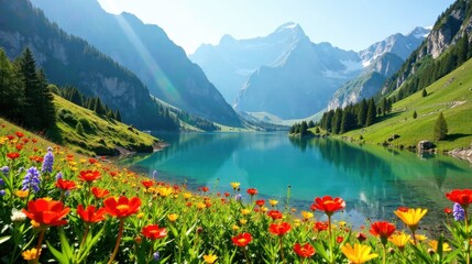 Serene mountain lake embraced by vibrant wildflowers and majestic peaks