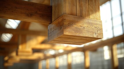 A bright, open interior of a wooden structure under construction,