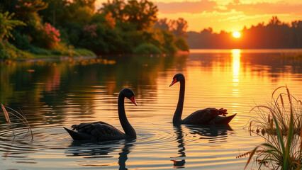 Fototapeta premium Black Swan Cygnus atratus and Mute Swan Cygnus olor in serene lake surroundings with lush greenery and sunset colors, bird, cygnus atratus, aquatic