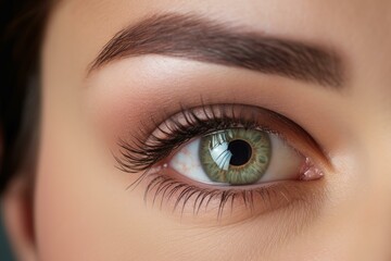 Obraz premium Close up of beautiful green eye with long eyelashes and perfect makeup, highlighting natural beauty and cosmetics