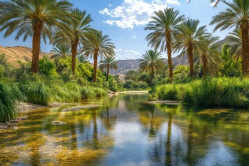 Obraz premium A desert oasis with palm trees, where the clear waters reflect the surrounding greenery, creating a serene and refreshing haven amidst the arid landscape.