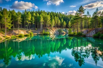 Fototapeta premium Lyuban Chalk Pits: Belarusian Pine Forest Reflection in Emerald Water