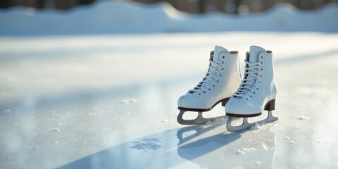 Pair of white ice skates resting on a frozen surface, ready for winter fun on the ice