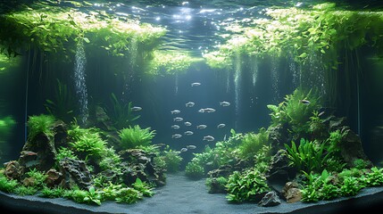 Fototapeta premium Underwater aquarium scene, fish swimming, lush plants, sunlight, nature backdrop, home decor