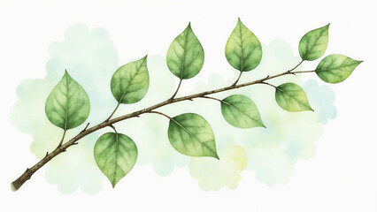 Obraz premium Watercolor drawing of a branch with young leaves representing spring mood
