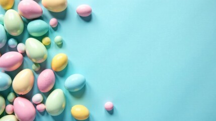Obraz premium Pastel Easter Eggs and Small Spheres on Light Blue Background