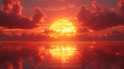 A serene landscape depicting a luminous sunset over a reflective surface of solar panels.