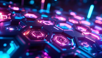 Fototapeta premium Black honeycomb hexagon with blue glowing neon lighting background