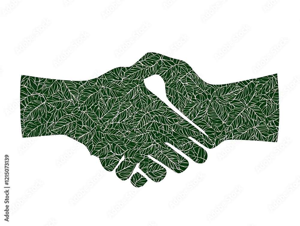 Wall mural Two hands forming a handshake, illustrated with a leafy green design for eco-friendly themes.