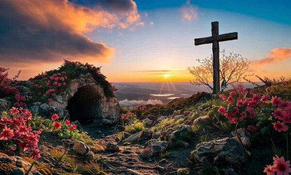 easter religion,jesus christ cross easter resurrection concept christian cross Tomb Empty With Shroud And Crucifixion At Sunrise - Resurrection Of Jesus Christ
