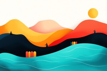 Vibrant abstract landscape with colorful hills, serene water, and a bright sun.