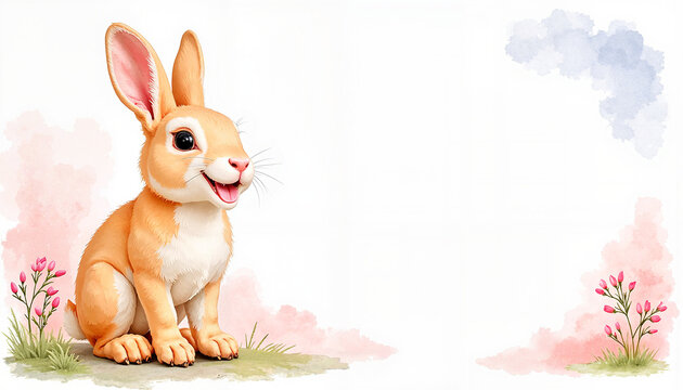 Cute cartoon bunny smiling with floral accents on a soft background for cheerful design concept with copy space