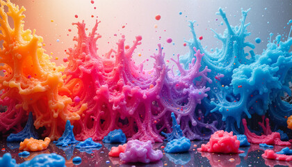Colorful paint splash effect creating vibrant waves on a reflective surface for artistic design concept
