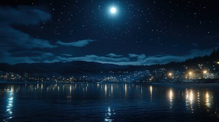 Nighttime reflection over serene lake