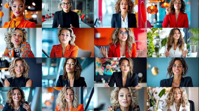 Diversity. 8 march Women's day. Collage of professional women with confident expressions in modern office settings. Successful businesswomen, female professionals in different workspace. 4k Footage