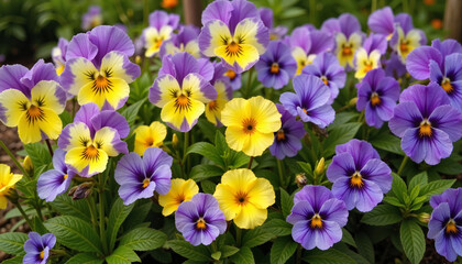 Vibrant pansies blooming in colorful shades in a garden setting for nature concept
