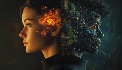 Dual portrait showcasing a serene individual and their chaotic alter ego