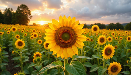 Obraz premium Vibrant sunflower field blooming under sunset sky 