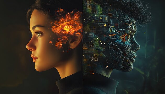 Dual portrait showcasing a serene individual and their chaotic alter ego