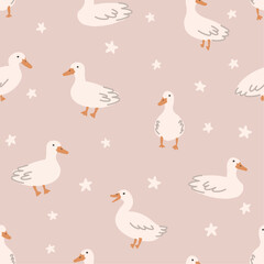 Cute seamless pattern with duck and stars for children. Vector illustration in a simple hand drawn style for kids fabric