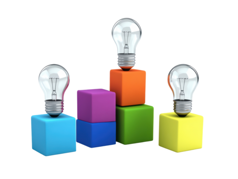 Isolated Light Bulbs on Colorful Blocks - Powered by Adobe