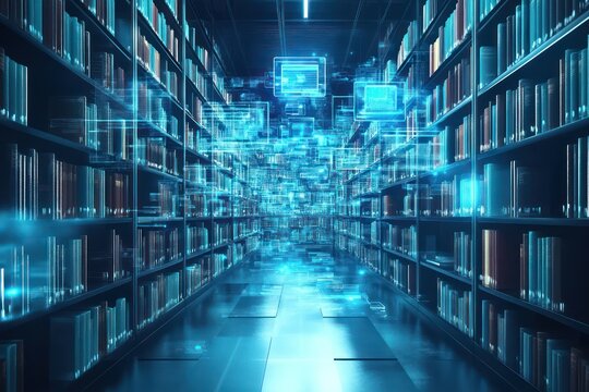 A digital library for hybrid work, with eBooks, documents, and resources floating in a cloud-based environment, symbolizing easy access and organization.