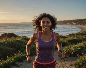 AI-generated image of a young woman running on green grass, capturing a moment of freedom, energy, and connection with nature. The scene conveys vitality, joy, and an active outdoor lifestyle.

