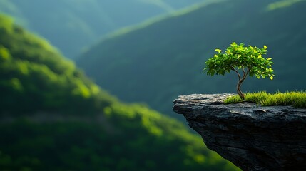 Lone Green Tree on Rock Cliff Overlooking Scenic Mountain Landscape