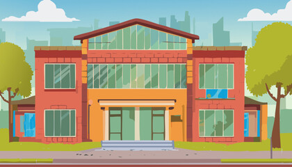 Building with windows and doors. Vector illustration in flat style. Cartoon style.