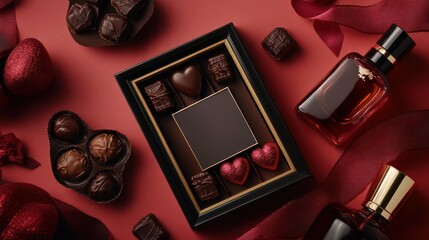 A creative Valentines gift featuring a personalized photo frame, chocolates, and a bottle of perfume in a stylish arrangement.