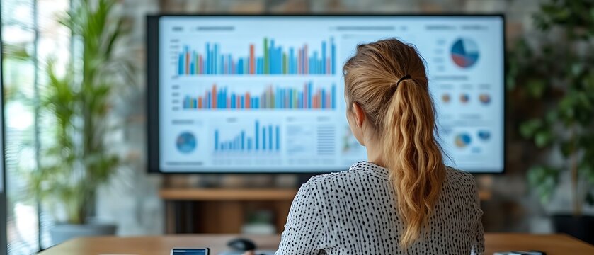 Woman reviewing data on a large screen. (1)