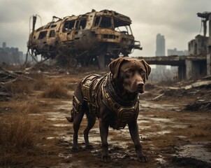 AI-generated image of a dog wandering through an abandoned city, creating a haunting and atmospheric scene. The digital artwork blends elements of solitude, mystery, and urban decay.

