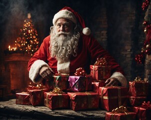 AI-generated image of Santa Claus inside a room filled with presents, capturing the festive spirit and joyful atmosphere of the holiday season. The scene emphasizes warmth, celebration, and holiday ma