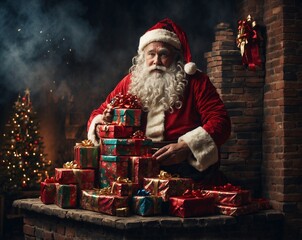 AI-generated image of Santa Claus inside a room filled with presents, capturing the festive spirit and joyful atmosphere of the holiday season. The scene emphasizes warmth, celebration, and holiday ma