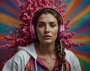 AI-generated image of a young woman portrayed within a vibrant and colorful painting. The artwork combines modern digital techniques with expressive colors, highlighting creativity and artistic expres