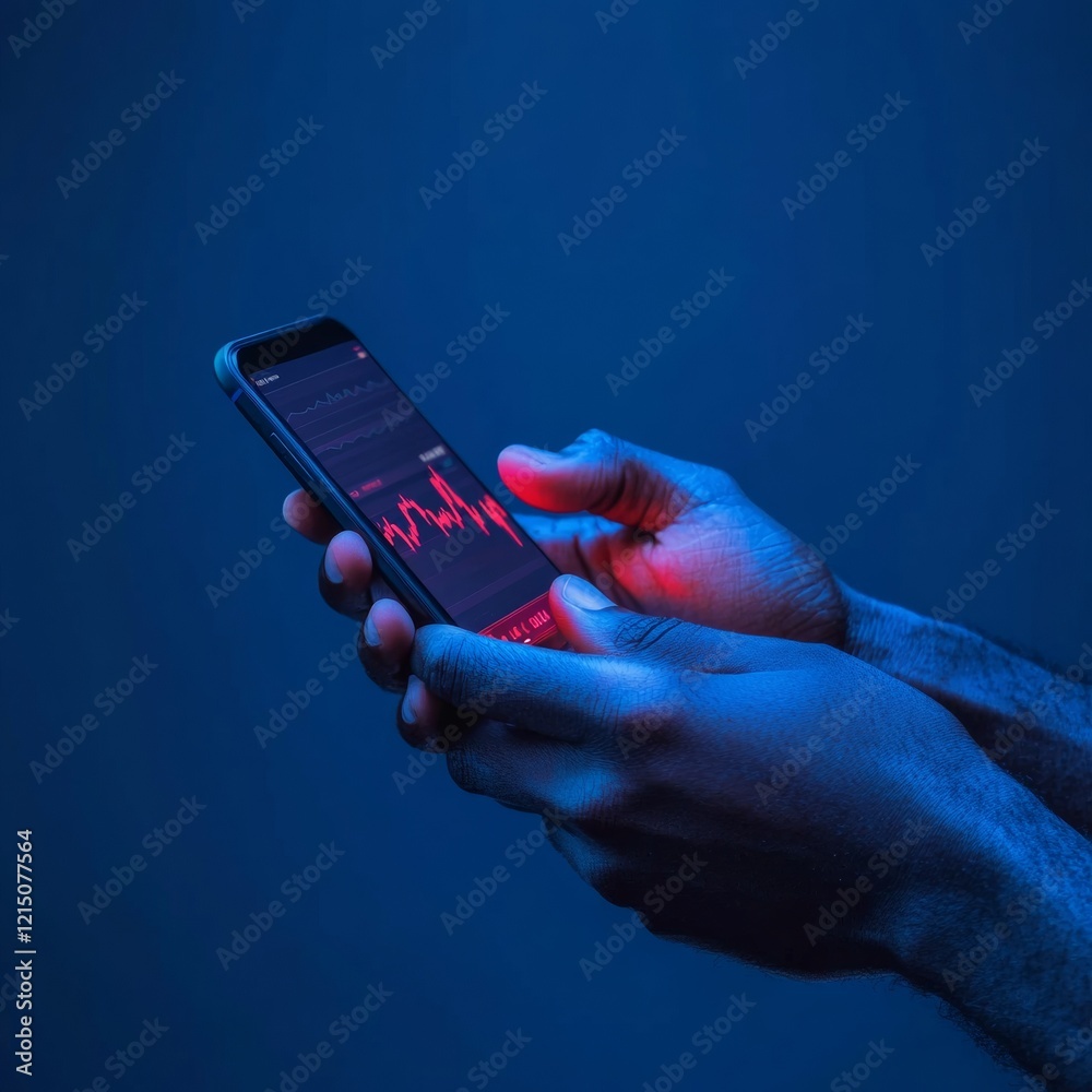 Aufkleber modern crypto trading interface blue-toned hands holding smartphone - financial chart visualization 